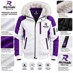 Blouson d'hiver matelassé pour homme, blanc et violet, coupe-vent, imperméable, style sportif, broderie sur le devant - Product Image 6