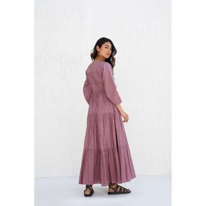 Vestido Maxi Romántico de Primera Calidad, Corte en A, Cuello en V, Manga Larga, Crepé de Rayón, Color Sólido, Elegante, para Mujer, Primavera - Product Image 3