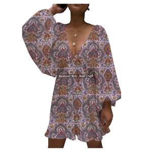 Nuevo Vestido de Verano 2026 para Mujer, Estampado, Colorido, Mini, Cuello en V Profundo, Estilo Linterna, Delgado, Sexy, Casual, para Vacaciones en la Playa, Tejido Ecológico y Natural - Product Image 3