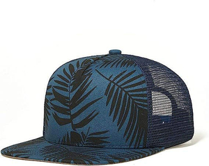Tropical Leaf Print Mesh Trucker Cap Unisex Adjustable Snapback <b>Hat</b> Blue Casual <b>Summer</b> Style 6-Panel Design - Product Image 4
