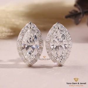 Boucles d'oreilles halo en or massif 14 carats avec diamants de laboratoire CVD taille marquise pour femme, 6 TCW, couleur F, clarté VS1, certifiées IGI - Product Image 1