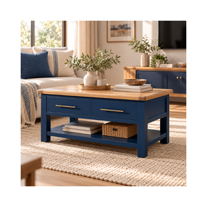 Mueble de Salón Colección CASCAIS, Gabinete Azul Marino Contemporáneo con Tapa de Roble y Mesa de Centro de Madera con 2 Cajones - Product Image 1