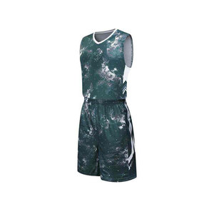 Ensemble d'uniformes de basketball pour hommes à faible MOQ, imprimé vert, en polyester respirant, tenue de sport pour adultes - Product Image 2