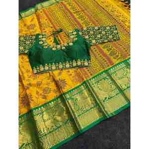 ATRACTIVO ALGODÓN ESTAMPADO TRABAJO SAREE CON BLUSA LISTO AMARILLO - Product Image 1