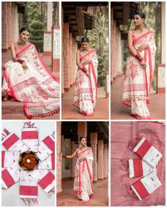 Eco-Friendly Handloom Soft Lichi Silk <b>Saree</b> <b>Red</b> Geometric Tribal Art Handwoven Ethnic Wedding Sun Protection Wrinkle Free Indian - Product Image 5