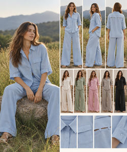 Conjunto de Camisa Azul Claro y Pantalones Anchos con Estampado Dibujado a Mano, Ropa Casual Lavada al por Mayor para B2B, Proveedor en Línea - Product Image 2