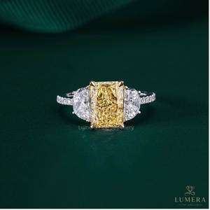 Radiant Cut Lab Grown Diamond Three Stone Engagement <b>Ring</b> 9K 10K 14K 18K Yellow Gold with Trapezoid Side Stones - Product Image 1