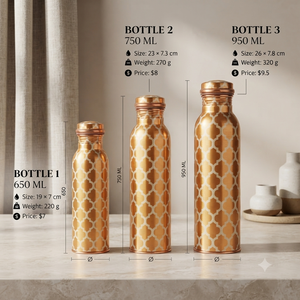 Botella de Agua de Cobre Hecha a Mano con Patrón de Cuatro Hojas Doradas, Tapa de Rosca Hermética, Frasco Ayurvédico para Bienestar, Regalo de Viaje - Product Image 5