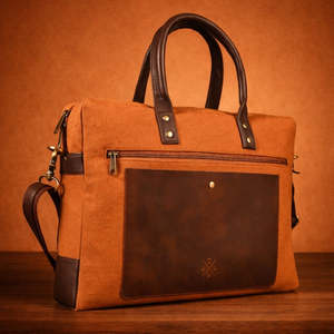 Porte-documents classique en toile pour ordinateur portable, couleur orange bicolore, sac de bureau professionnel durable avec poignées en cuir et bandoulière - Product Image 5