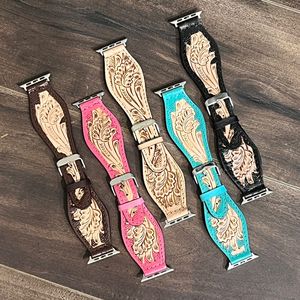 Top Quality Hand Tooled Floral Carved Leather Smart Watch Bands Stylish Genuine Leather Full Size <b>Pin</b> Buckle Replacement Straps - Product Image 5