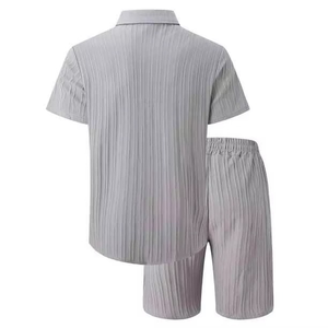 Ensemble de vêtements pour homme en deux pièces de couleur unie, chemise à manches courtes et short, ensemble en lin de 2 pièces, tendance été - Product Image 3