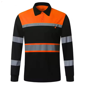 Men's Long Sleeve Hi Vis <b>Polo</b> Shirt <b>Orange</b> Black Reflective Tape Knitted Polyester Quick Dry Casual Workwear - Product Image 3