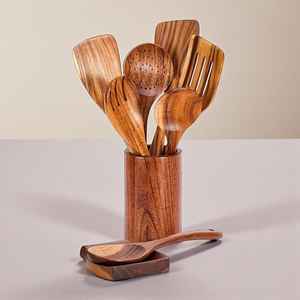 Ensemble d'ustensiles de cuisine en bois de teck, cuillères en bois naturel avec support, gadgets de cuisine écologiques, cadeau pour chef, antiadhésif et sûr - Product Image 2
