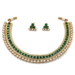 Gold Plated Alloy Necklace and Earring Set Geometric Design Green Crystal Ethnic <b>Jewelry</b> Women's Wedding Fashion <b>Jewelry</b> - Product Image 1