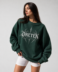 ONETEN APPARELS Oversized Crew Neck <b>Sweatshirt</b> Green 100% Cotton French Terry Front Logo Unisex Autumn Wear - Product Image 1
