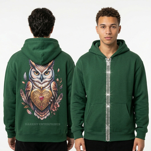 Custom Forest Green Zip Up Hoodie Men <b>Rhinestone</b> Zipper Streetwear Owl Heart Graphic Print Heavyweight Fleece Hooded <b>Jacket</b> - Product Image 1
