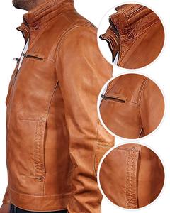 Blouson universitaire élégant et robuste en cuir véritable pour homme, avec fermeture éclair, col montant, capuche et doubles poches poitrine, en cuir de vachette, pour l'automne - Product Image 4