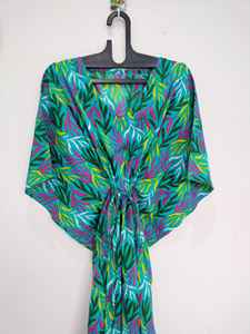 Robe Kaftan en Coton à Imprimé Feuilles de Palmier et Dentelle, Style Vintage, Longueur Genou, Cache-maillot de Plage Indien, Col en V, Manches 3/4, Légère, Vêtement de Nuit - Product Image 3