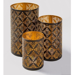 Handcrafted Black Gold Iron <b>Candle</b> Holders Set Cylinder Die Cut Geometric Pattern Home Decoration Durable - Product Image 1