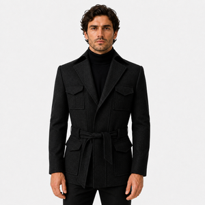 Abrigo de Tweed Premium para Hombre con Cinturón, Chaqueta Estilo Safari con Bolsillos Utilitarios, Corte Entallado, Prenda Exterior de Invierno de Diseño Estructurado - Product Image 5