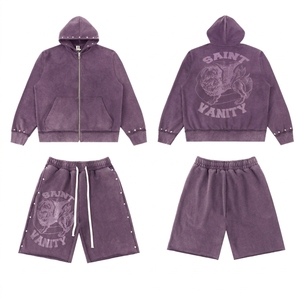 High Quality Rivet Mens 2 Piece Set American Acid Washed Streetwear 100% Cotton Knitted Shorts Pants Saint Vanity Hoodies - Product Image 5