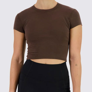 T-shirt court à col ras du cou pour femme, rembourré, compressif, en jersey, coupe ajustée, 100 % coton côtelé, haute élasticité, séchage rapide, idéal pour l'été - Product Image 5