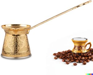 หม้อกาแฟทองแดงแบบดั้งเดิมของตุรกี พร้อมด้ามจับไม้และช้อนสำหรับชงกาแฟ - Product Image 3