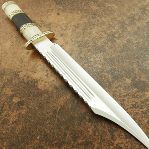 Handmade Bowie Hunting Knife with Silver Curved <b>Steel</b> Blade Serrated Spine Decorative Ivory Black Handle <b>Outdoor</b> Camping Display - Product Image 4