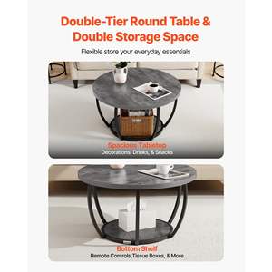 Modern 2-Tiered Grey <b>Coffee</b> <b>Table</b> with Open Storage <b>Wooden</b> Circle Desk & Sturdy <b>Metal</b> Frame Easy Assembly for Living Room Office - Product Image 4
