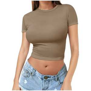 Camiseta Corta Ajustada de Algodón Elástico con Canalé para Mujer, Estilo Urbano, Casual de Verano, Fabricación a Granel - Product Image 1