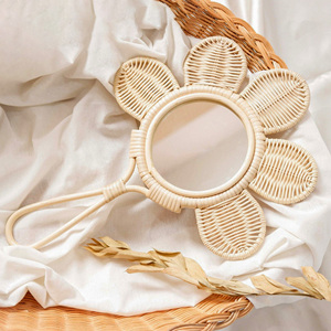 Natural wood hand held <b>mirrors</b> factory price flower rattan handle <b>mirror</b> nursery accessories - Product Image 6