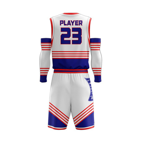 Ensemble de maillots de basket sans manches blanc bleu rouge sublimé anti-transpiration pour homme adulte coupe athlétique - Product Image 2