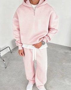 ชุดเสื้อฮู้ดสีชมพูสำหรับผู้ชาย ชุดลำลองสีพื้น กางเกงผ้าเฟรนช์เทอร์รี่มีเชือกผูก 2 ชิ้น ชุดใส่ฤดูใบไม้ร่วง - Product Image 1