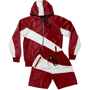 Conjunto deportivo ligero de poliéster con capucha, cremallera completa, bolsillos laterales, chaqueta cortavientos y pantalones cortos a juego para hombre y mujer - Product Image 6