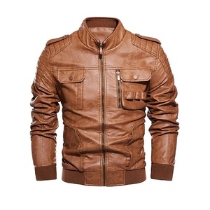 Blouson moto homme en cuir PU marron, col montant, fermeture éclair, coupe ajustée, manches classiques, couleur unie, automne - Product Image 1