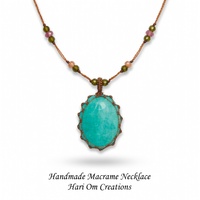 Collier pendentif en macramé fait main en amézonite, grande pierre bleu vert aqua, bijoux bohèmes de guérison