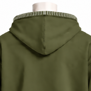 Sweat-shirt à capuche surdimensionné vert olive avec bordure cousue, effet vieilli, surpiqûres contrastées, poche kangourou, style streetwear décontracté - Product Image 4