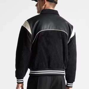 Winter Men's Varsity <b>Jacket</b> Sheep Fur Trim Leather Sleeves <b>Fleece</b> <b>Lining</b> Eco-Friendly Knitted Fabric Stand Embroidered Zipper - Product Image 5