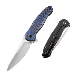 Couteau de poche pliant à motif bleu et noir avec lame argentée, manche décoratif à lignes croisées, clip métallique, compact et portable - Product Image 1