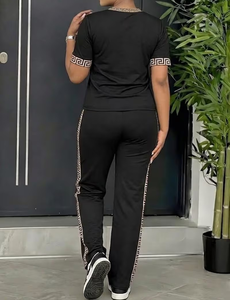 Women 2-Piece Knitted Set Black Short Sleeve Top With Geometric Print Side Stripe Pants Casual All Seasons Loose Fit - Product Image 4