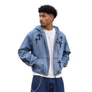 <b>Mens</b> Cross Patch Denim <b>Jacket</b> Hooded Washed Zip Up Streetwear Oversized Applique Vintage Wash Boxy Custom Print OEM Supplier - Product Image 1