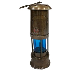 Wholesale Handmade Nautical Brass Antique Miners <b>Lamp</b> with Blue Glass Hanging Christmas Gift for Home Decor 10-Inch 660-Gram - Product Image 1