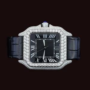 Top Rating <b>Square</b> Case Only Bezel Moissanite Diamond Black Leather Band Roman Numerals Fashion <b>Man's</b> Half Iced out Jewelry - Product Image 2