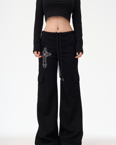 Pantalones Cargo de Pierna Ancha para Mujer, Estampado Gótico de Cruz, Cintura con Cordón, Estilo Urbano, Ajuste Holgado, Pantalones Utilitarios, Prendas Inferiores de Moda Casual - Product Image 4