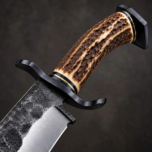 Cuchillo de Caza de Hoja Fija de Acero al Carbono Hecho a Mano con Mango de Cuerno de Ciervo, Punta Caída, Funda de Cuero Negro de 20 Pulgadas - Product Image 2