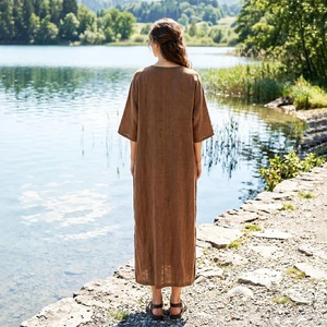 100% Cotton <b>Kaftan</b> Dress Side Slit Loose Fit V Neck Bell Sleeve Midi A-Line Bow Vintage High Waist <b>Summer</b> Vacation Pockets Women - Product Image 3