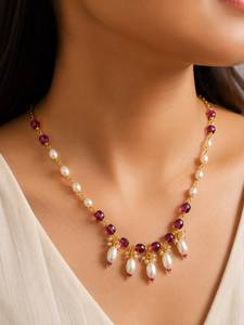 Custom Rhodium Plated <b>Necklace</b> <b>Ruby</b> Red Gemstone Bead Freshwater Pearl Station Festoon Drop Cable Chain Women Bridal Luxury Set - Product Image 1