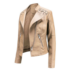 Blouson bomber en cuir beige pour femme avec col montant et fermeture éclair, manches longues, manteau d'hiver tendance, coupe-vent et épais - Product Image 1