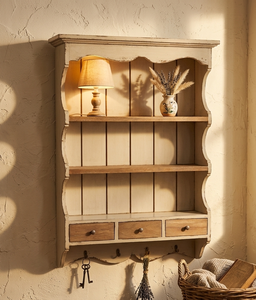 Étagère murale en bois massif Ardonar Premium, finition naturelle, avec crochets pour appartement et espace de vie - Product Image 1