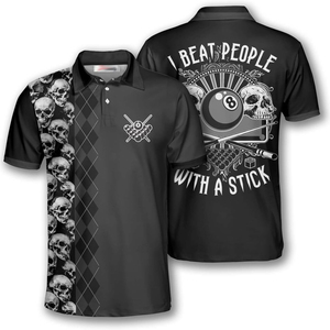 Polo noir pour hommes avec imprimé crânes et drapeau américain, manches courtes, design décontracté et respirant pour les amateurs de billard - Product Image 2